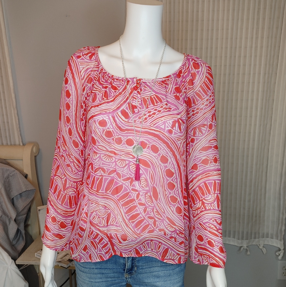 TRINA TURK Red/Magenta-Pink/White Silk Print Keyhole See-Through Blouse S